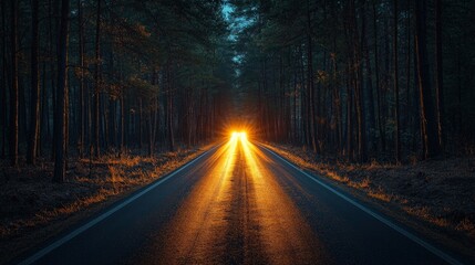 Fototapeta premium Night road in pine forest, car headlights illuminating the path, mysterious and adventurous