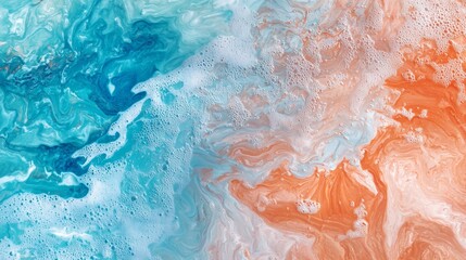 Abstract fluid art painting in orange and blue with bubbles, resembling ocean waves crashing on the shore, perfect for a summer background