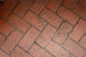 Textured red brick pavement featuring a herringbone pattern in a sunny outdoor setting