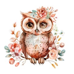 Watercolor Owl with Floral Elements in Vintage Style