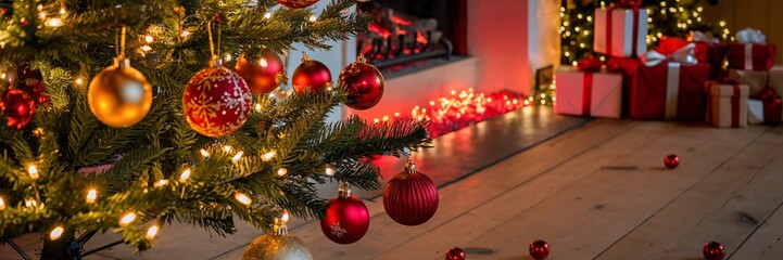   a beautifully decorated Christmas tree with red and gold ornaments, standing on a wooden plank floor. The tree is
illuminated by soft, glowing gold lights, capturing the intricate details of the dec