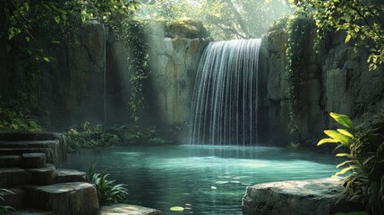 A tranquil waterfall cascading into a calm pool, surrounded by lush greenery, creating a sense of peace