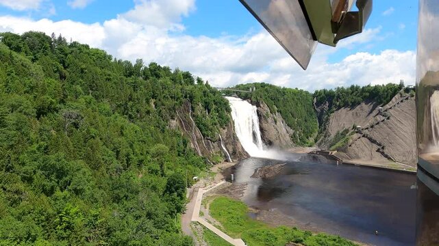 Hillside Waterfall Viewpoint From Inside Cable Car Cabin Descending, Chute Montmorency Quebec Canada