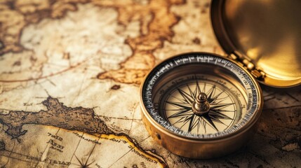 A compass lying on an old map, with soft natural light highlighting the symbols of exploration