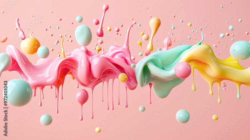 Poster a vibrant advertisement using 3d liquid fonts that appear to drip and flow like paint, adding energy