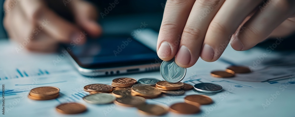 Poster closeup hands counting coins on table with budgeting app on smartphone