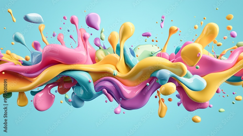 Poster a vibrant advertisement using 3d liquid fonts that appear to drip and flow like paint, adding energy