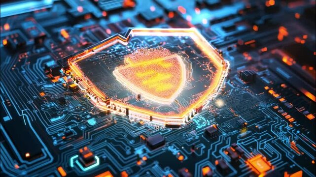 A glowing red and orange hexagonal logo on a dark, textured surface