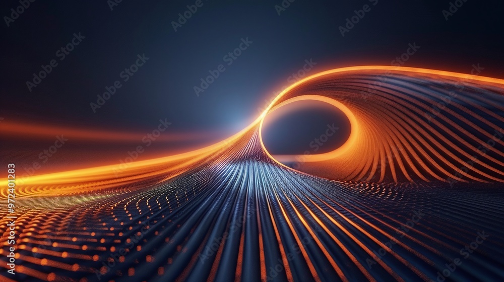 Poster futuristic abstract design featuring vibrant orange lines flowing through a dark space, creating a s