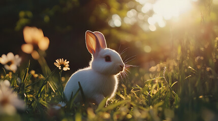 A delicate white rabbit hopping through a field
