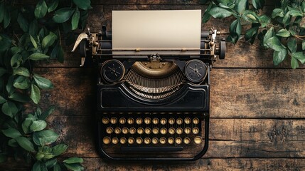 A vintage typewriter on a wooden table, with blank paper ready for a thoughtful quote to be written