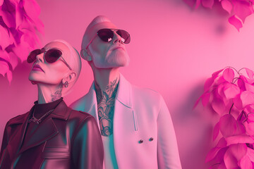 Fashionable hipster grandparents, covered in tattoos and wearing sunglasses, strike a pose in elegant contemporary styling against a neon pink and purple background.