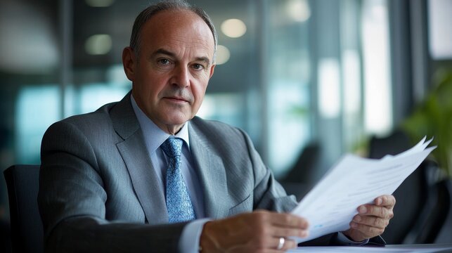Senior Businessman in Confidence: Mature professional reading report with poised demeanor in well-lit conference room setting.