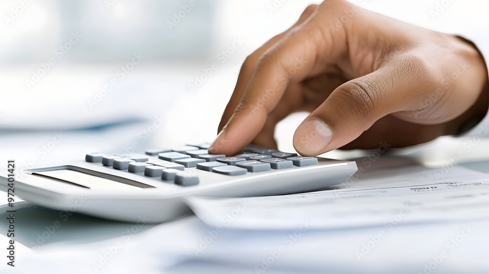 Poster close up of a hand operating a calculator on a desk with financial documents