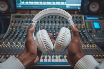 Close-Up of Hands Holding White Headphones in an Audio Studio.