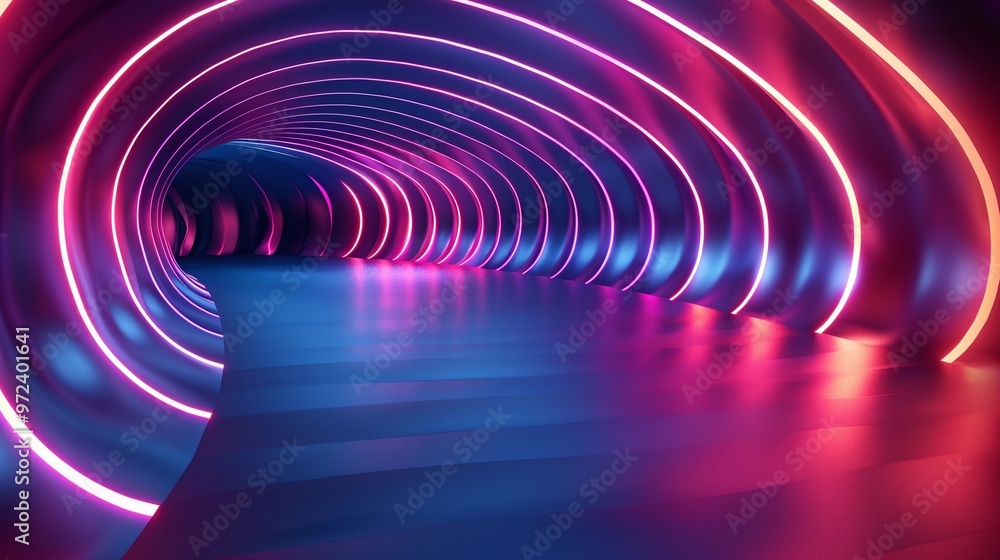 Poster futuristic tunnel illuminated with vibrant neon lights, creating a mesmerizing and abstract atmosphe