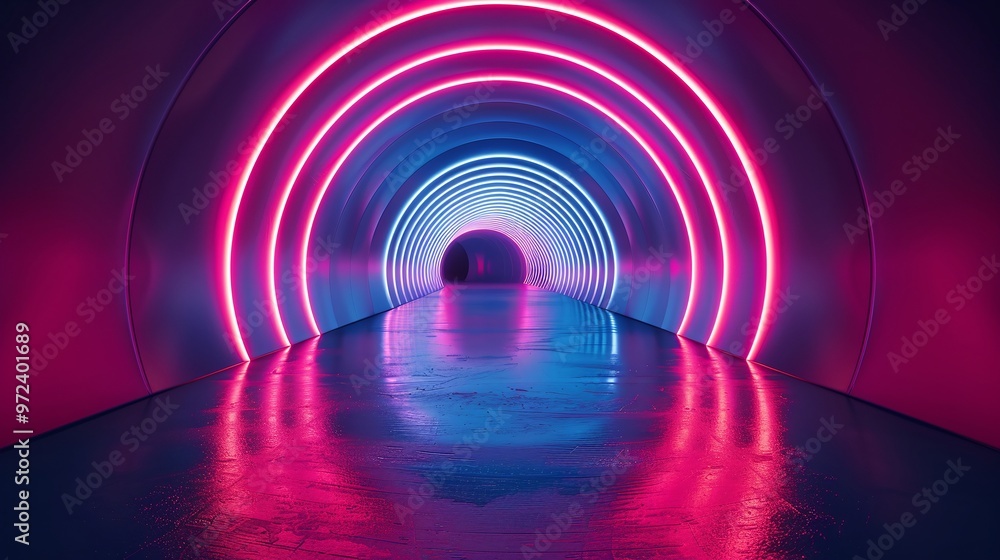 Poster futuristic tunnel illuminated with vibrant neon lights, creating a mesmerizing atmosphere that invit