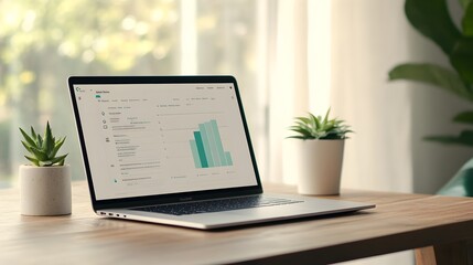 Fototapeta premium Minimalist Workspace with Laptop Displaying Budget Planner for Modern Financial Simplicity