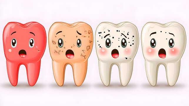 A playful illustration of four cartoon teeth with different expressions representing dental health and hygiene.