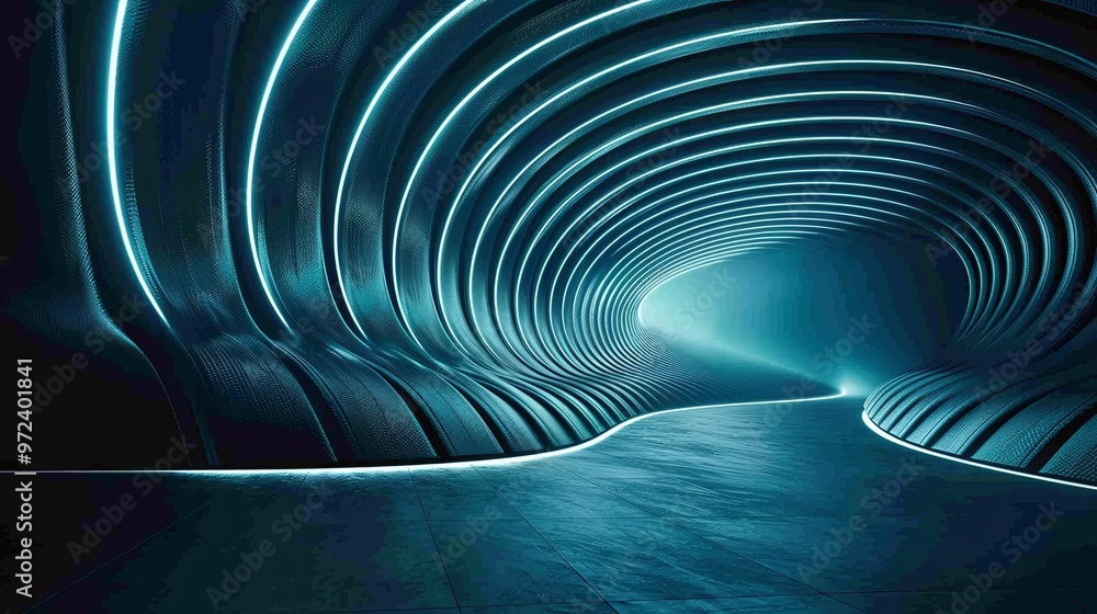 Poster futuristic tunnel with glowing lines and smooth curves, creating a dynamic and modern atmosphere for