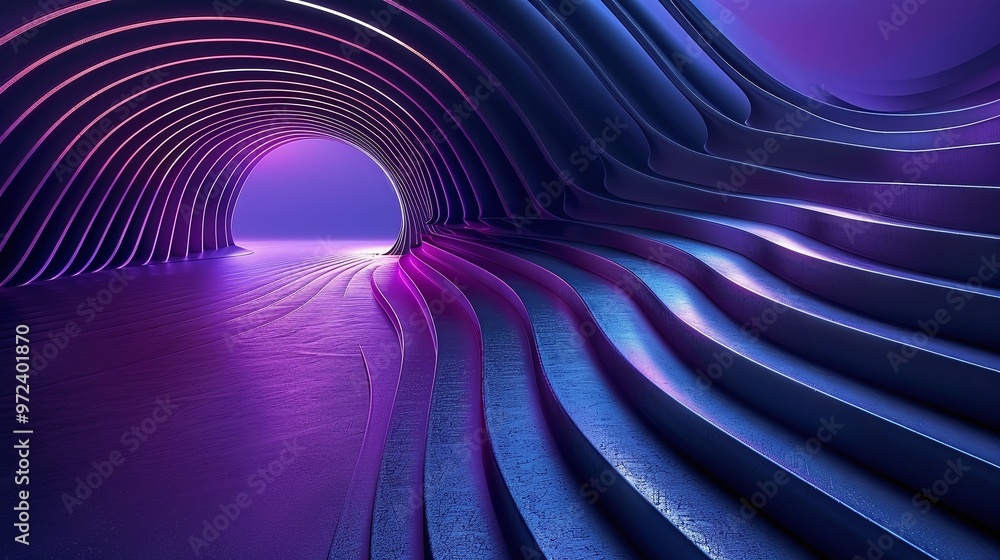 Poster futuristic tunnel with flowing shapes and vibrant purple lighting, creating a surreal atmosphere and
