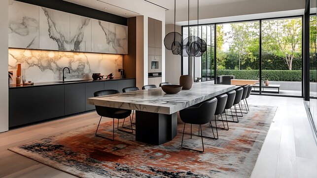 Contemporary dining space with a rectangular marble table, black leather chairs, and a bold statement light fixture, complemented by a modern rug underfoot