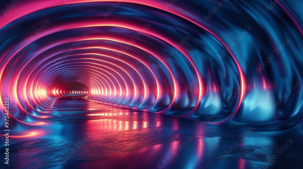 Poster futuristic tunnel with vibrant neon lights reflecting on a wet surface, creating a mesmerizing and d