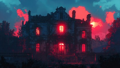 A Haunted Mansion Silhouetted Against a Crimson Sunset