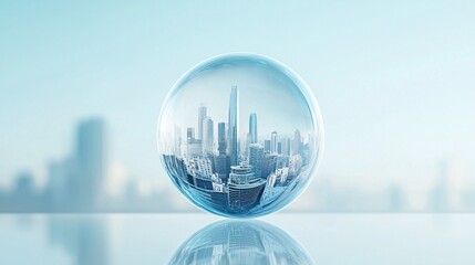 A transparent glass sphere with a glassmorphism effect, containing a miniature city inside, blending reality with fantasy,