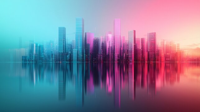 A digital artwork using chrome effects to depict a futuristic city skyline under a neon-lit sky,