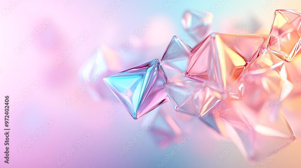Poster a holographic 3d pattern featuring shapes like triangles and cubes floating in space, with shimmerin