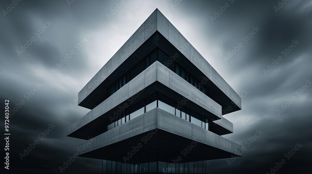 Poster a photograph of a neo brutalist building with sharp, angular lines, set against a dramatic sky,
