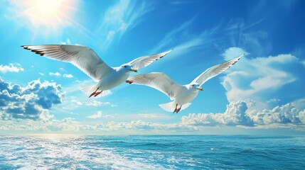 Seagulls in Flight Against a Blue Sky Background, Wildlife and Nature Photography Generative AI