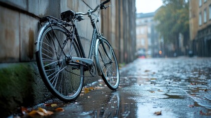 Obraz premium A bicycle parked against a wall, covered in rain, with puddles forming on the wet pavement around it