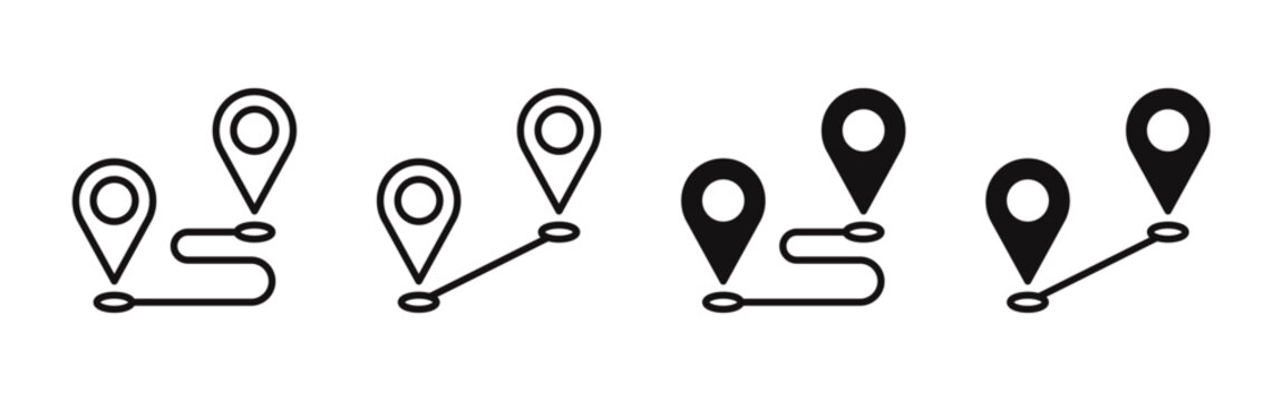 Distance and location symbols set. Mapping icon collection. Geolocation map path. GPS cartography position. Pinpoint, map search, route, navigator. Vector illustration.