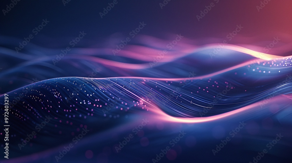 Poster Stunning abstract waves with vibrant colors and glowing particles, creating a visually captivating and dynamic digital landscape. Product presentation background.