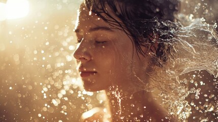 Obraz premium Close-up of a serene young woman with closed eyes, her face surrounded by splashing water and illuminated by soft, golden light. The bokeh-filled background adds to the tranquil, ethereal atmosphere