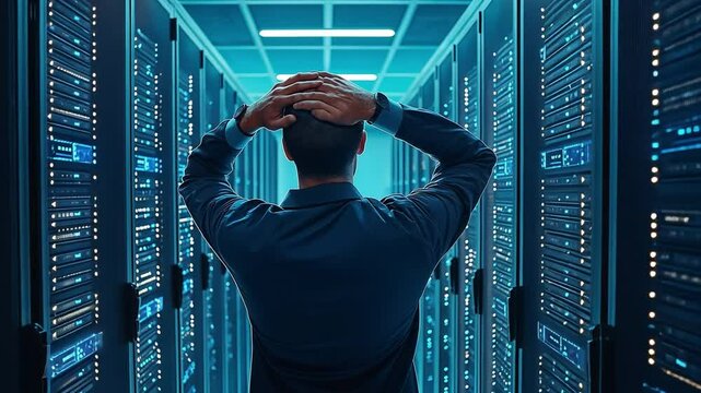 View of an unidentified guy technician at a data center handling a server rack issue while gripping his head