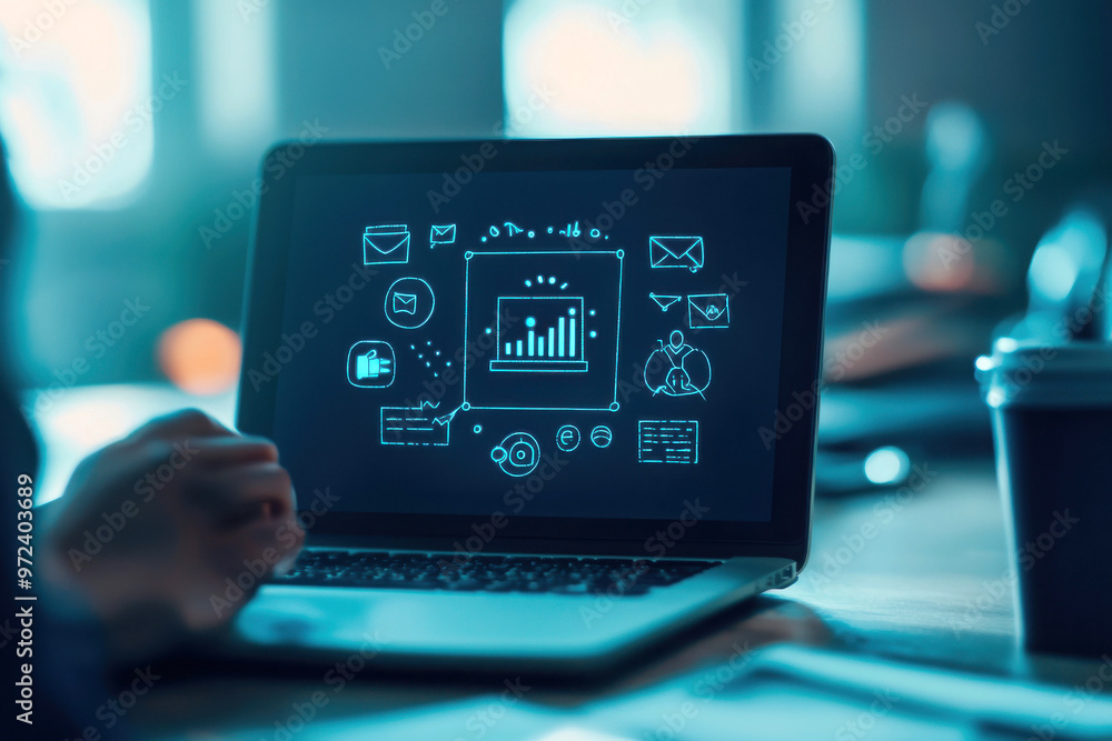Poster a laptop displays data analytics and communication icons, illustrating modern work concepts in a dig