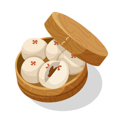 Steamed buns in a wooden basket with one bun partially opened, on a white background. Concept of Asian cuisine. Vector illustration