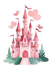 Fototapeta premium Pink Magical Princess Fairytale Castle, Magical Kingdom Castle, cute Castle, princess, Watercolor castle clipart digital download, nursery art