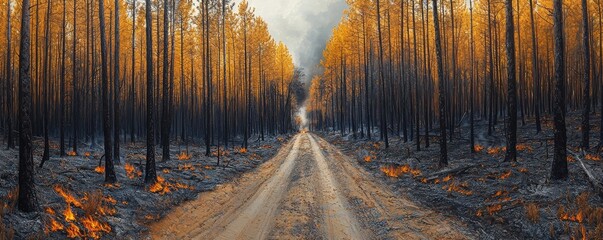Road through a fire-scorched pine forest, signs of regrowth and resilience