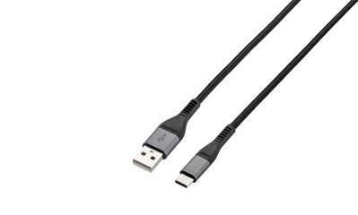 Black cable for charging and synchronization with Type - C, USB, Micro USB, Lightning connectors on a white background close-up