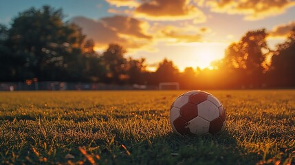 A football lies on the grass as the sun sets in the background, showcasing a serene and picturesque moment perfect for sports enthusiasts and nature lovers.