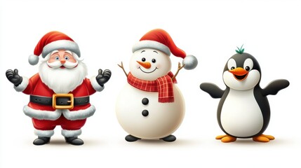 Fototapeta premium Holiday vector illustration of Santa Claus, snowman, and penguin in cheerful poses,