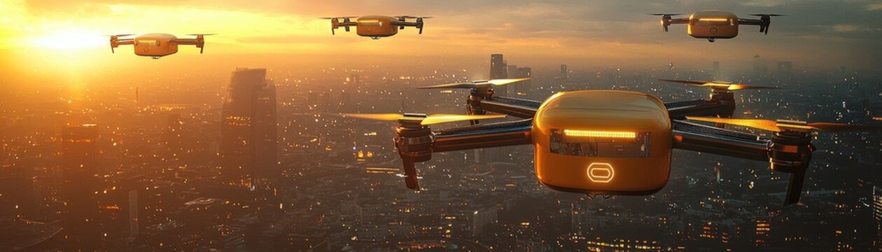 Solar-powered drones delivering packages, symbolizing innovation in logistics.
