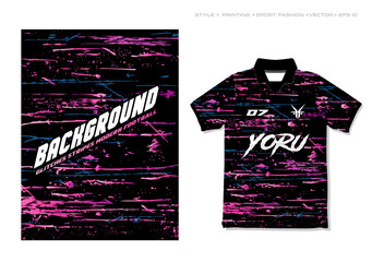 Sublimation Jersey Design vector pattern sporty background texture scratch football basketball netball gaming esport shirt template modern glitches stripes purple grunge © MuhammadSaifullah