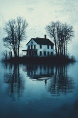 Abandoned House on a Still Lake with a Cloudy Sky