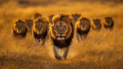 A powerful male lion strides ahead, leading a group of lions through the dry, sunlit grasslands, presenting grandeur and the essence of untamed African wildlife. © Coosh448