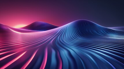 Fototapeta premium Vibrant abstract landscape with flowing waves of light, blending colors that evoke a surreal and futuristic atmosphere. Product presentation background.